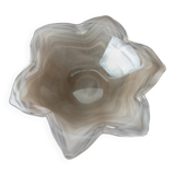 Vintage Murano glass bowl, flower-shaped centerpiece with transparent glass and white streaks, Italian 1980s
