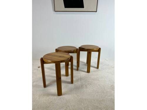 Set of three solid pine stools, 1970s.
