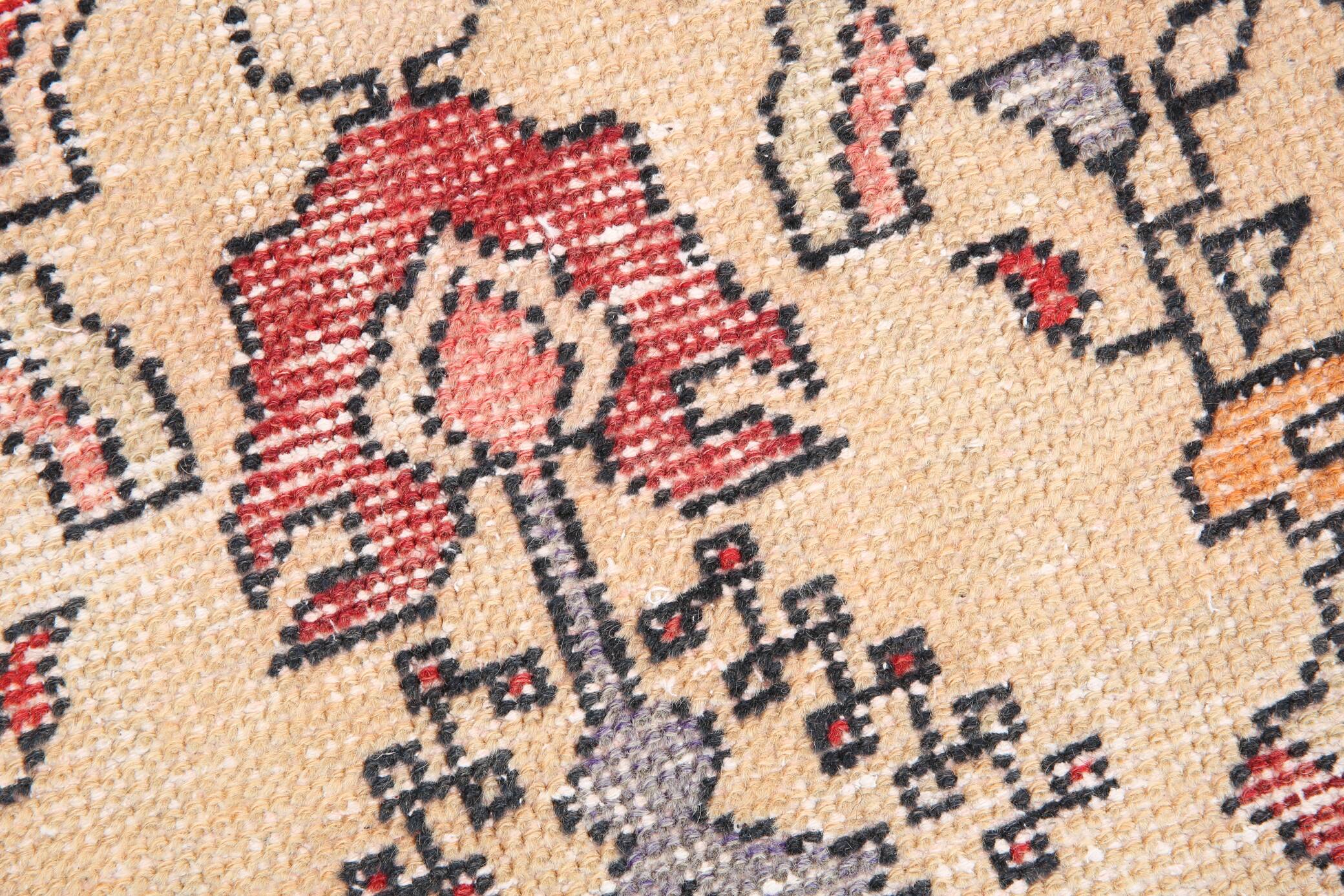 Antique Red Tan Beige Turkish Vintage Rug, 130x247Cm