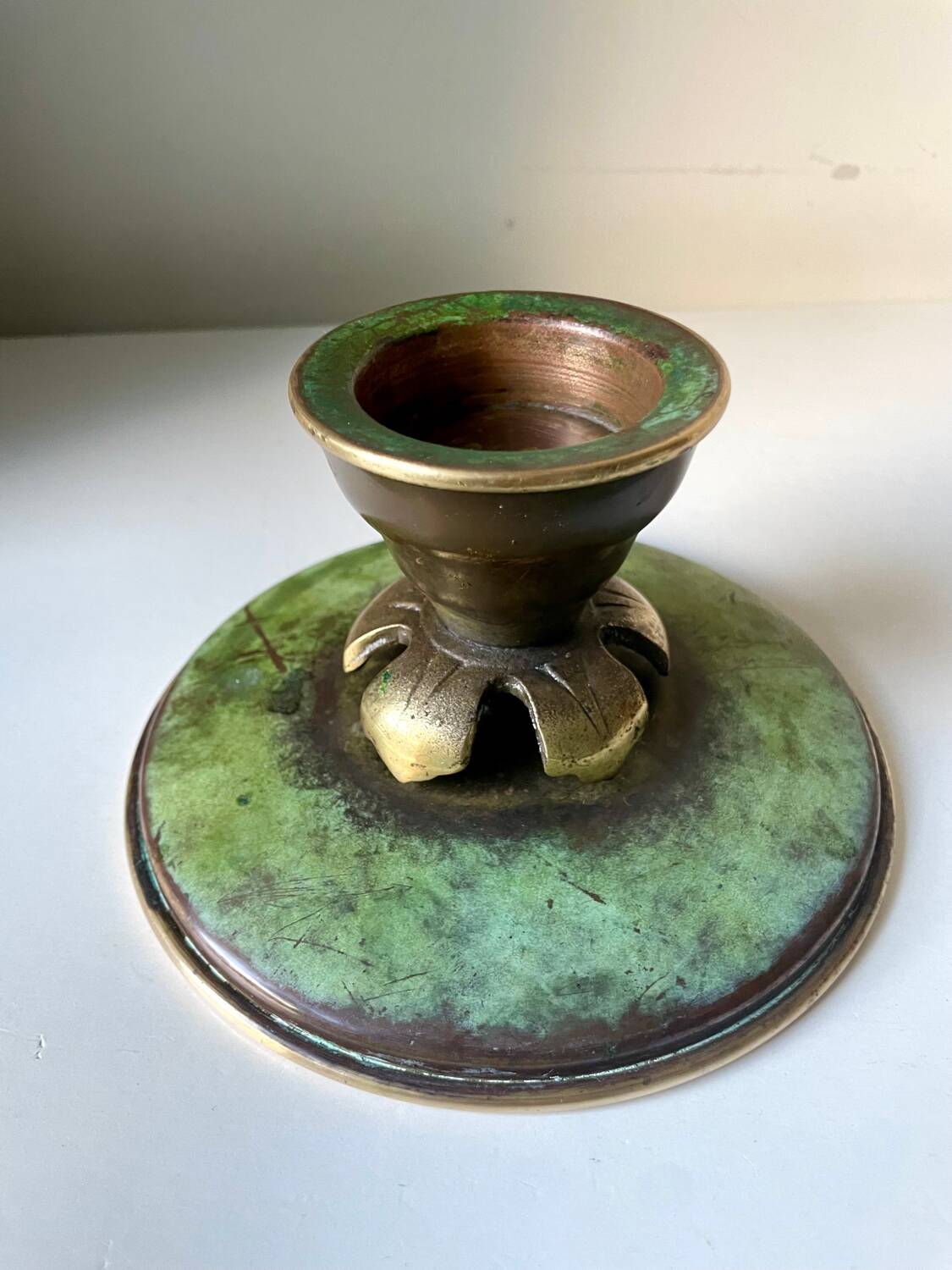 Scandinavian ART DECO candle holder in Bronze with verdigris patina