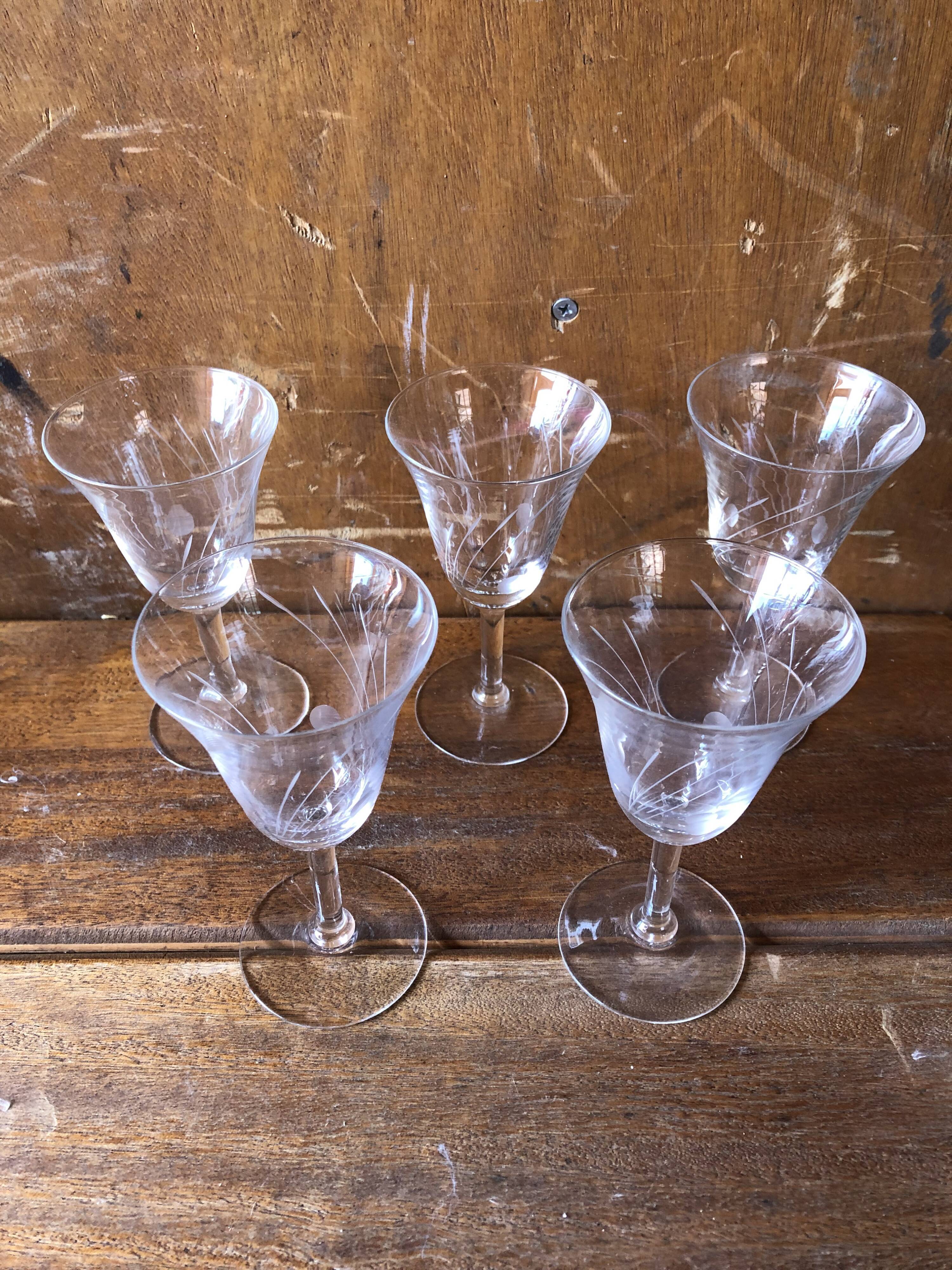 Old pitcher service and 5 foot glasses in engraved glass vintage table art