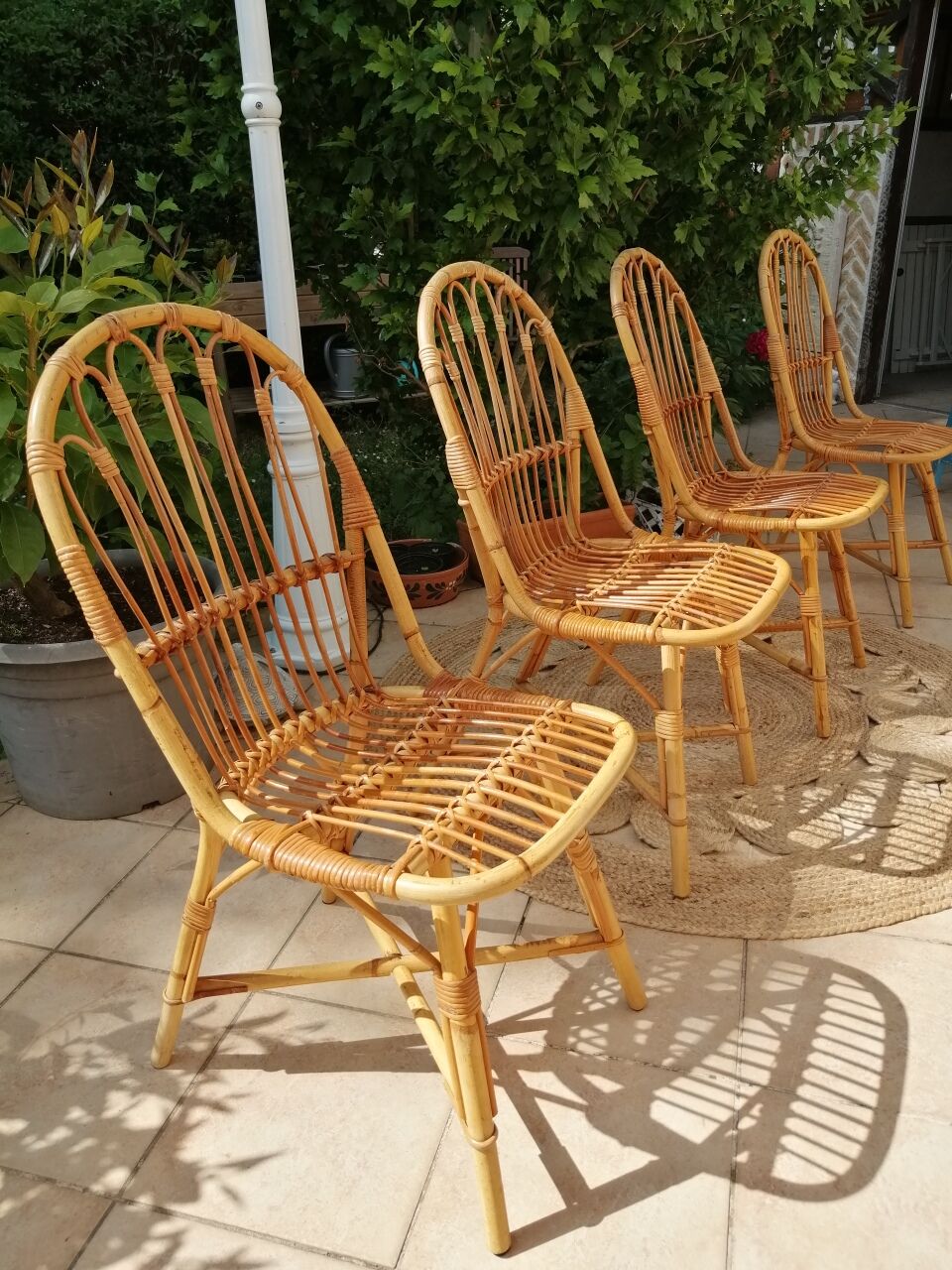 Series of 4 vintage rattan chairs.