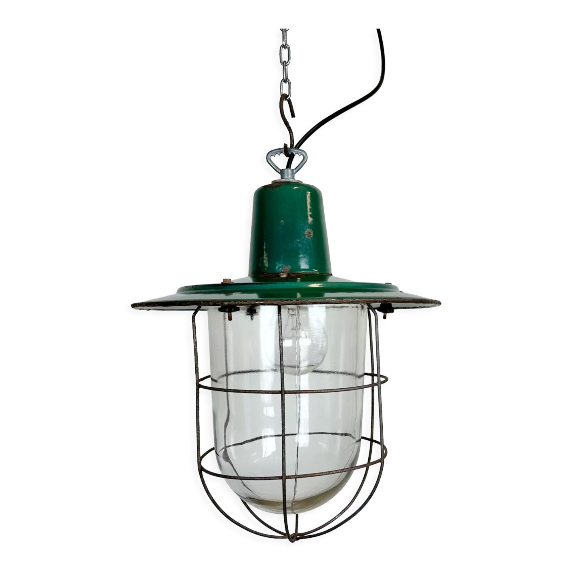 Industrial green enamel cage pendant light, 1960s