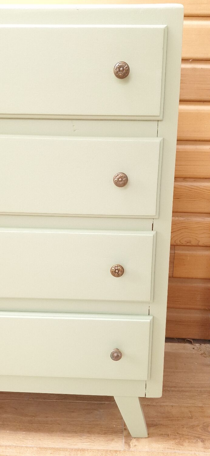 Commode vintage 4 tiroirs relookée verte