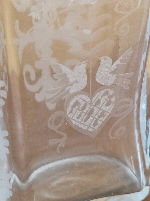 Pair of old engraved and frosted glass bottle vases.