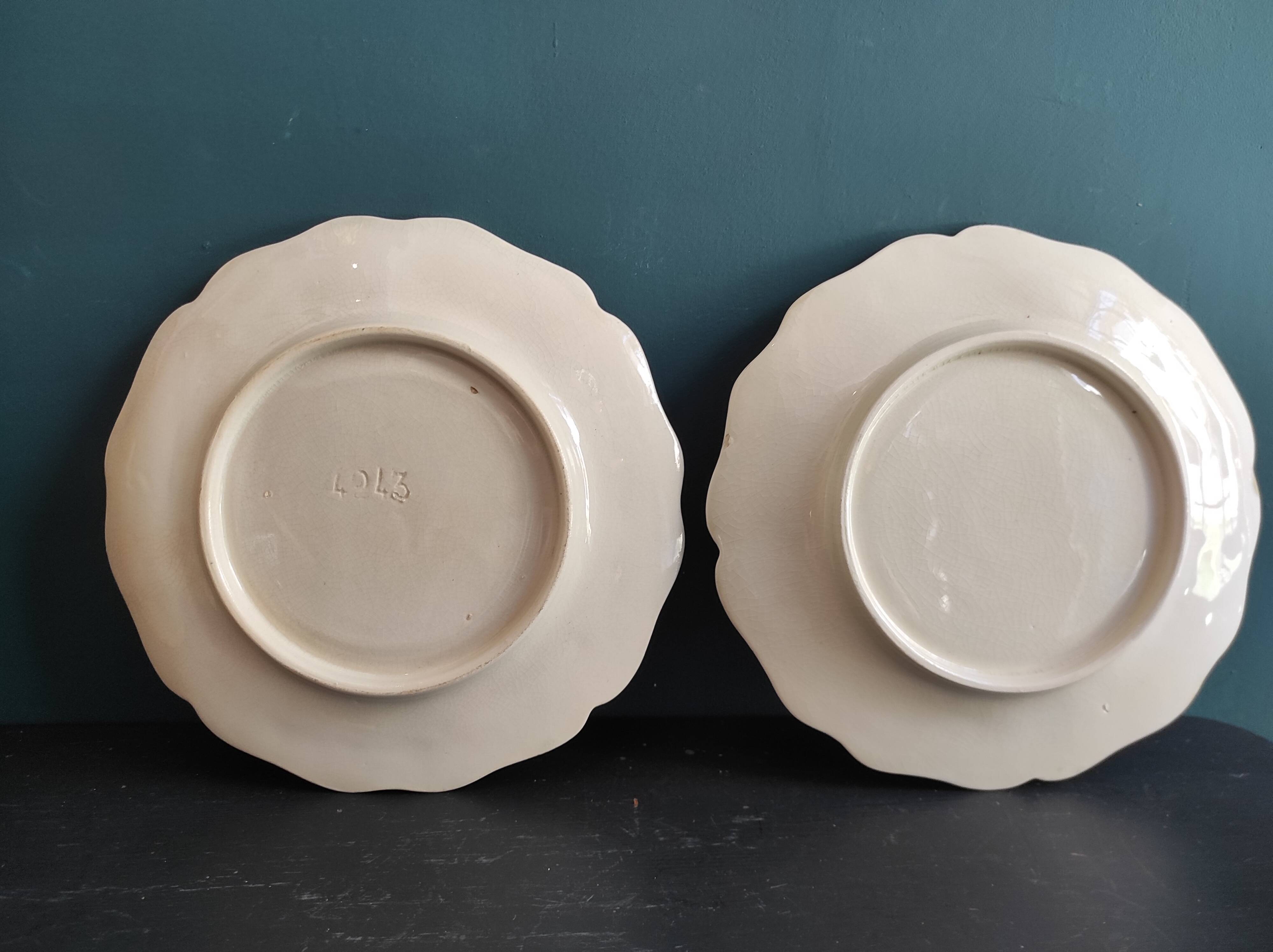 Set of 2 antique French fondue or artichoke plates in Majolica