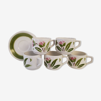 5 cups and ceramic saucers
