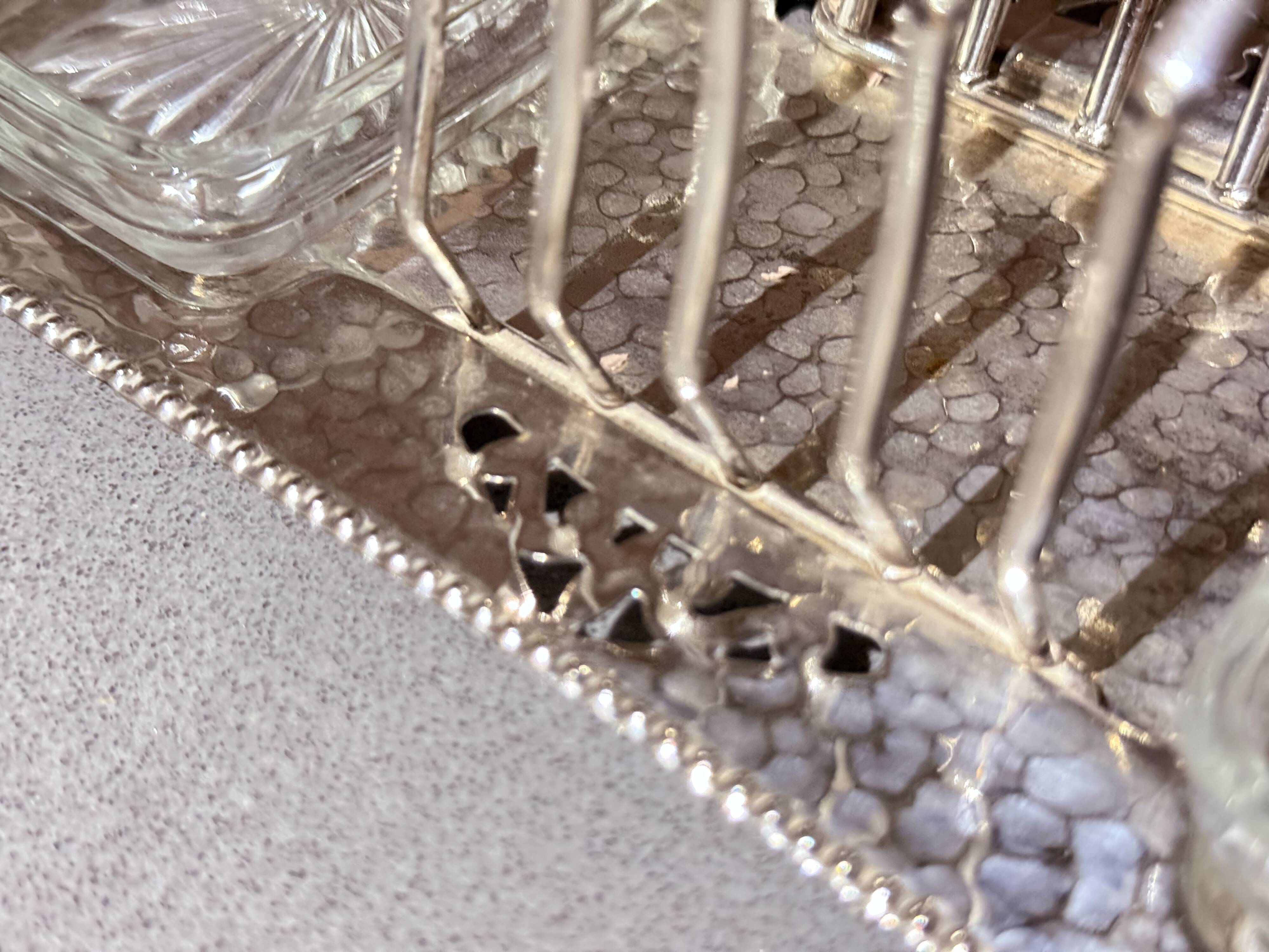 Art Deco Silver Plated Toast Rack, Matching Hammered Tray Crystal Butter Dishes