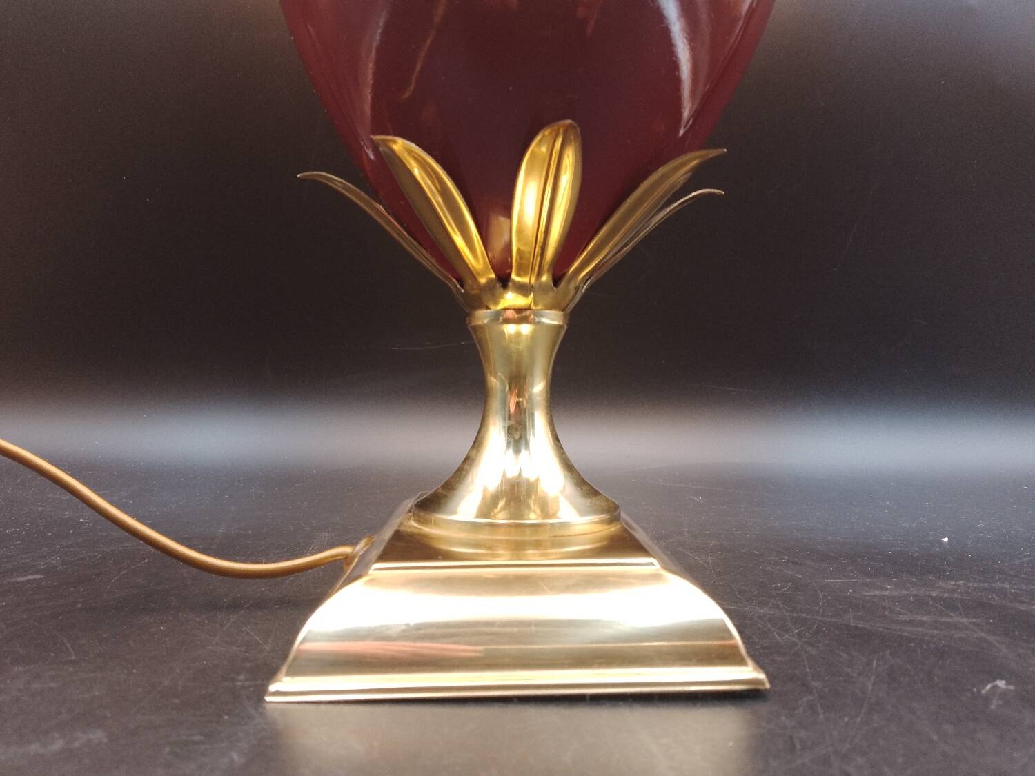 Beautiful Bordeaux Porcelain and Brass Lamp Le Dauphin Model Ançay Annanas