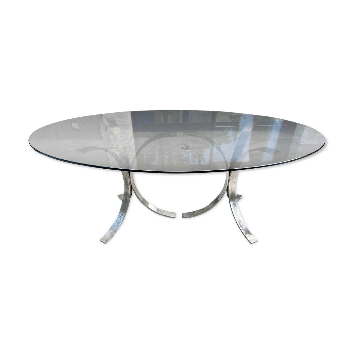 Oval dining table 1960-1970 smoked glass top and chrome base