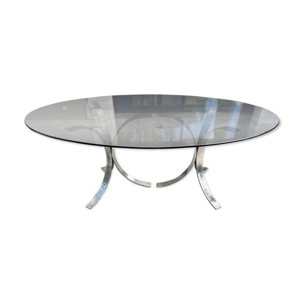Table de salle à mangé ovale 1960 - 1970 plateau verre fumé et pied chromé