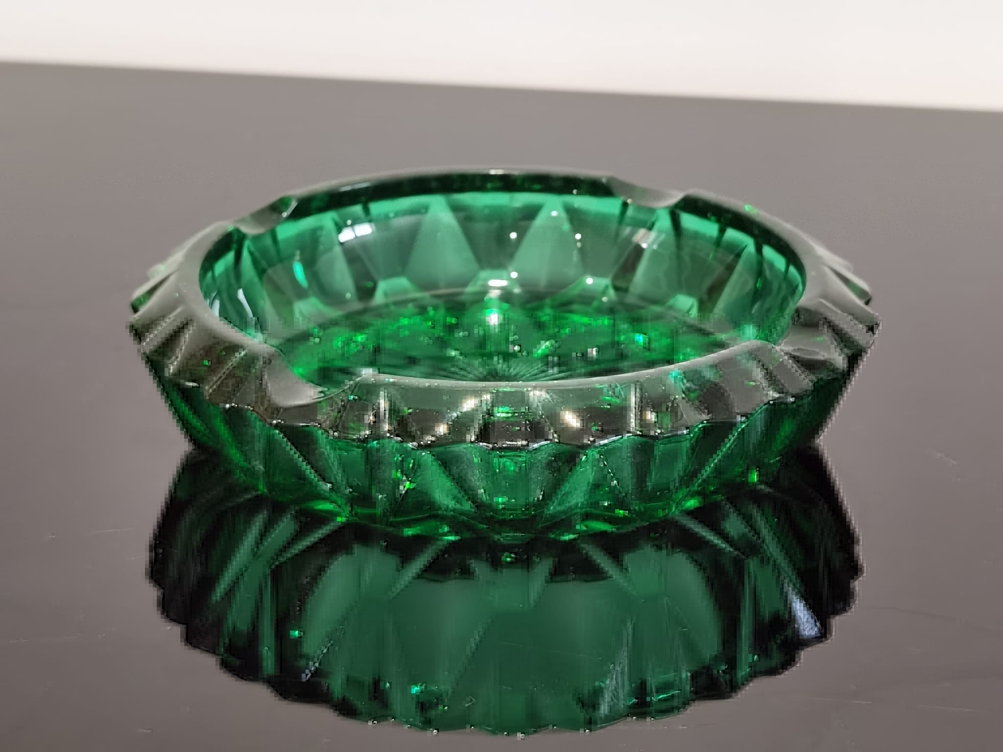 Ashtray in transparent cut glass green color made in france