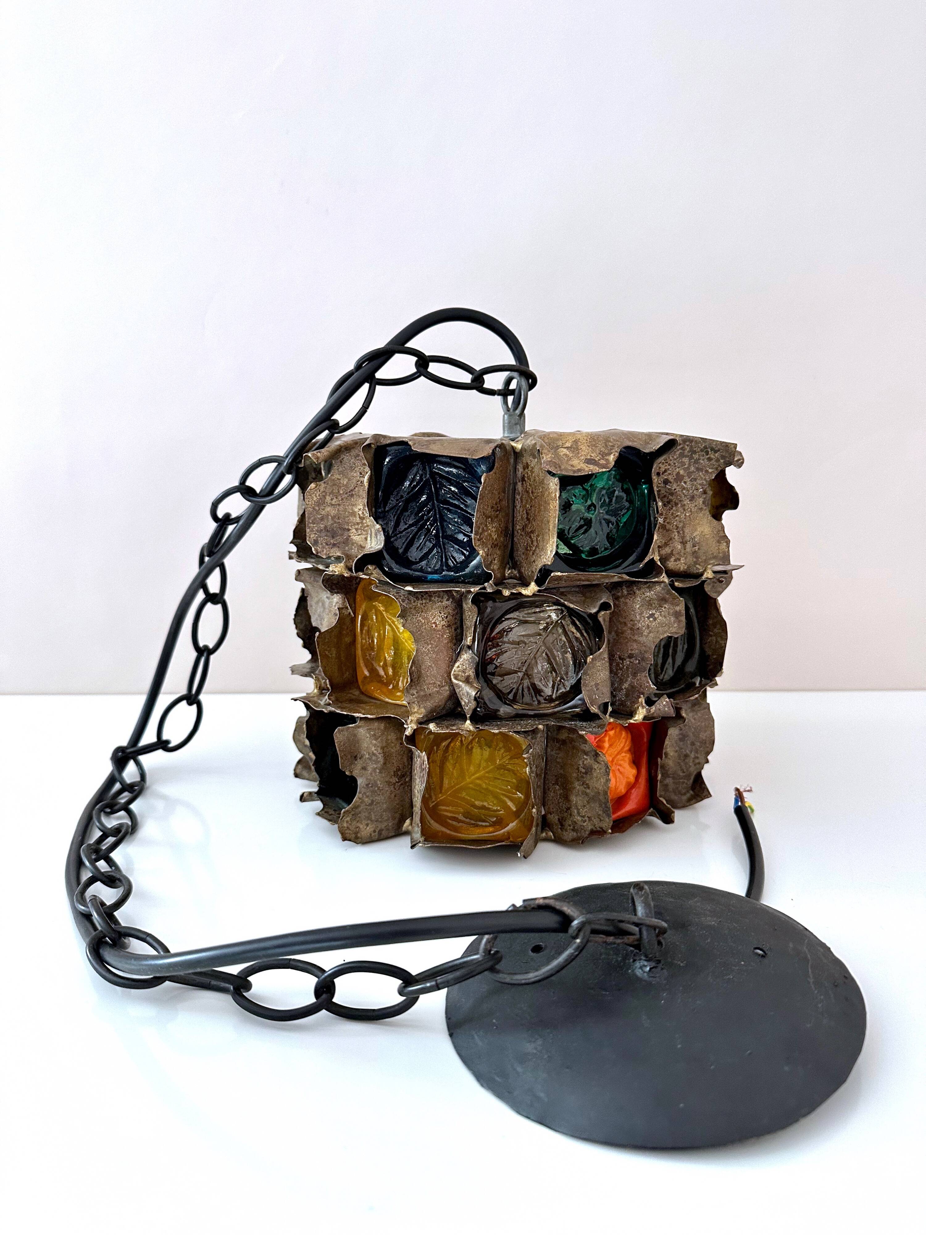 Brutalist Pendant Lamp by Felipe Delfinger in Metal and Colored Glass, 1970