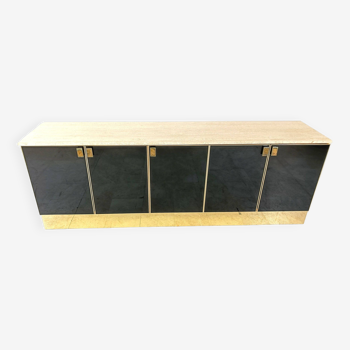 Vintage Black Lacquered and travertine credenza, 1980s