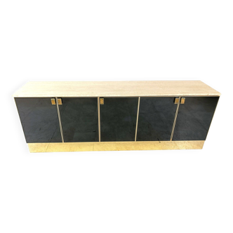 Vintage Black Lacquered and travertine credenza, 1980s