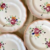 6 Plates and Dish with painted flowers Manufacture de Longchamp Model Monaco 1960s