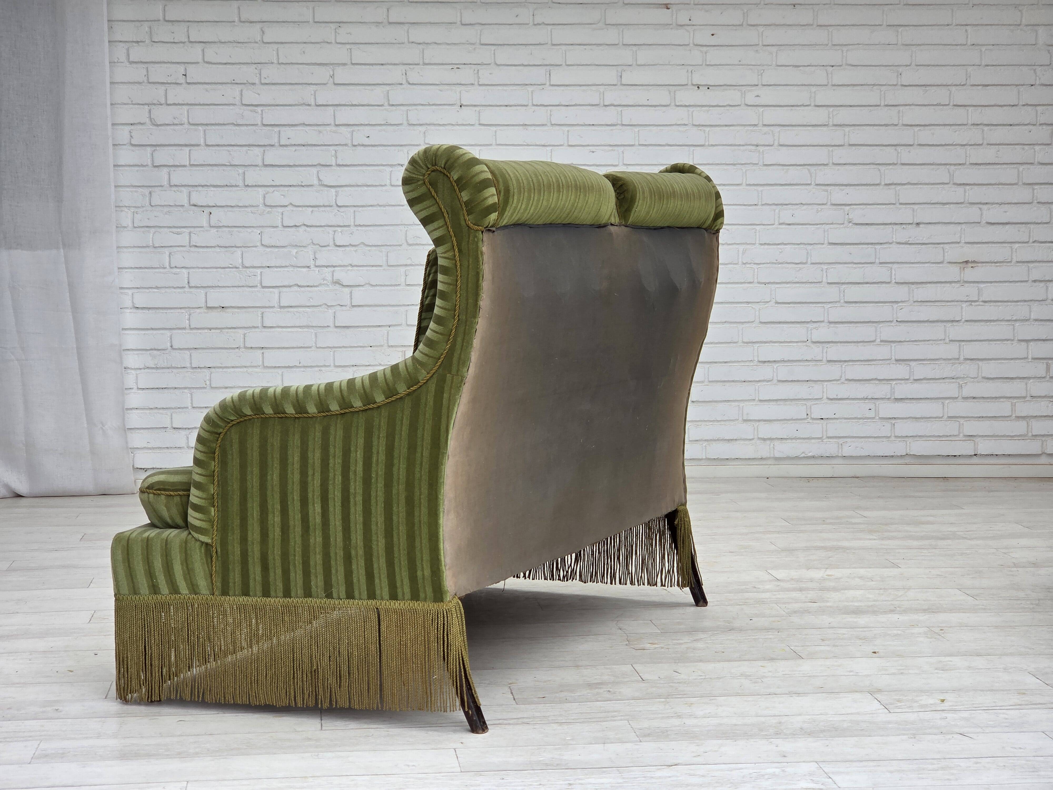 1950s, Danish 2-seater sofa, green furniture velour, beech wood.