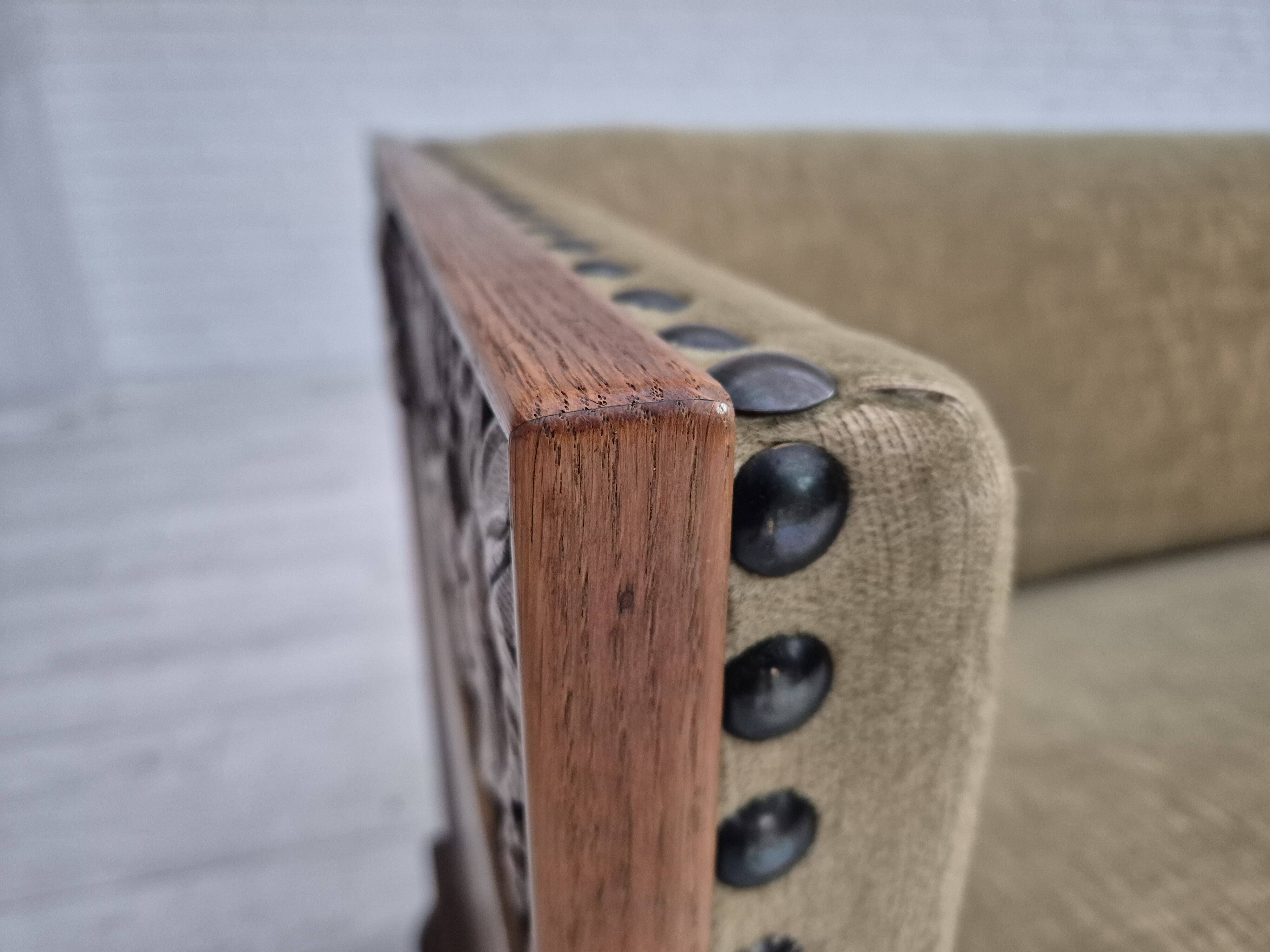 1950s, Danish curved sofa, furniture velour, oak wood.