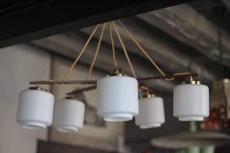 Teak and opaline pendant light, Scandinavian ceiling lamp, vintage wooden pendant with 5 lights, decor.