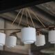 Teak and opaline pendant light, Scandinavian ceiling lamp, vintage wooden pendant with 5 lights, decor.
