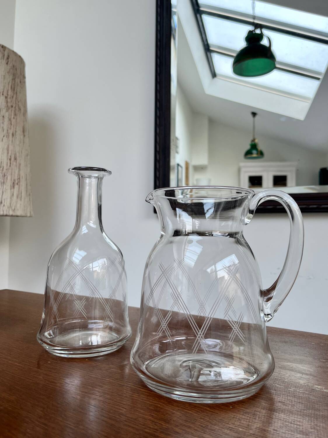 Vintage engraved glass carafe and jug