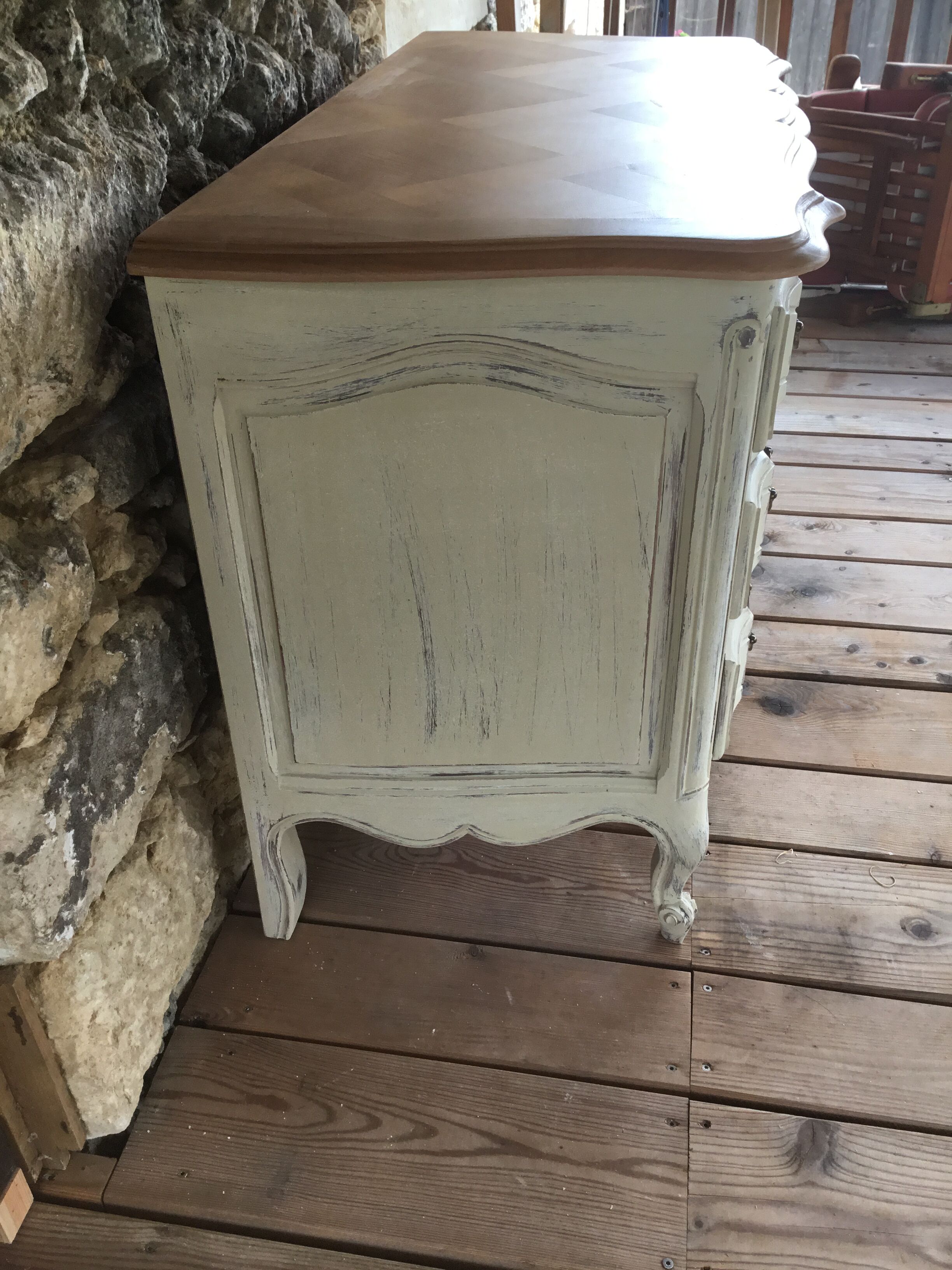 Louis XV style chest of drawers in cherry 3 drawers patinated linen color