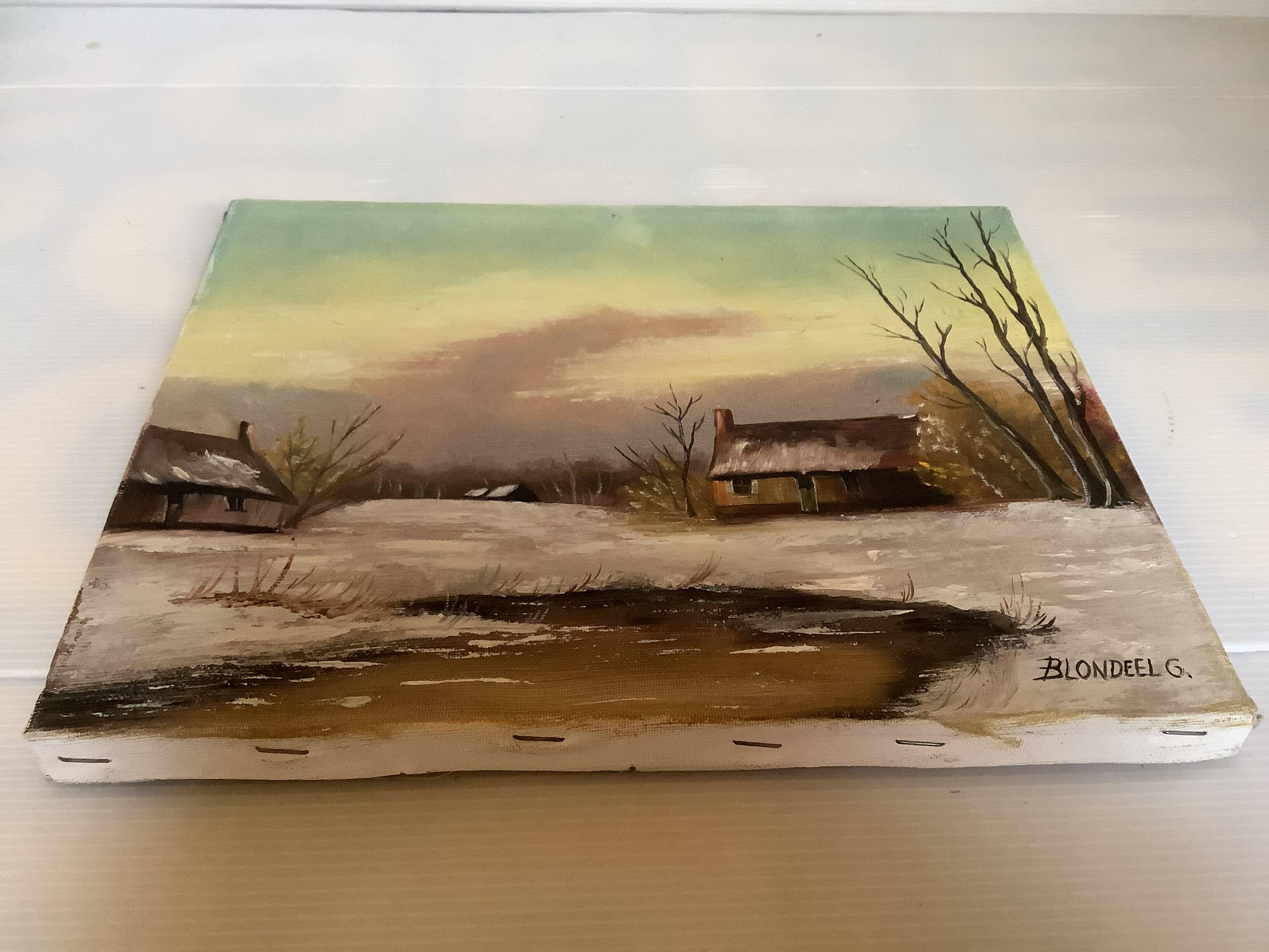 Small winter landscape painting, oil on canvas, signed.