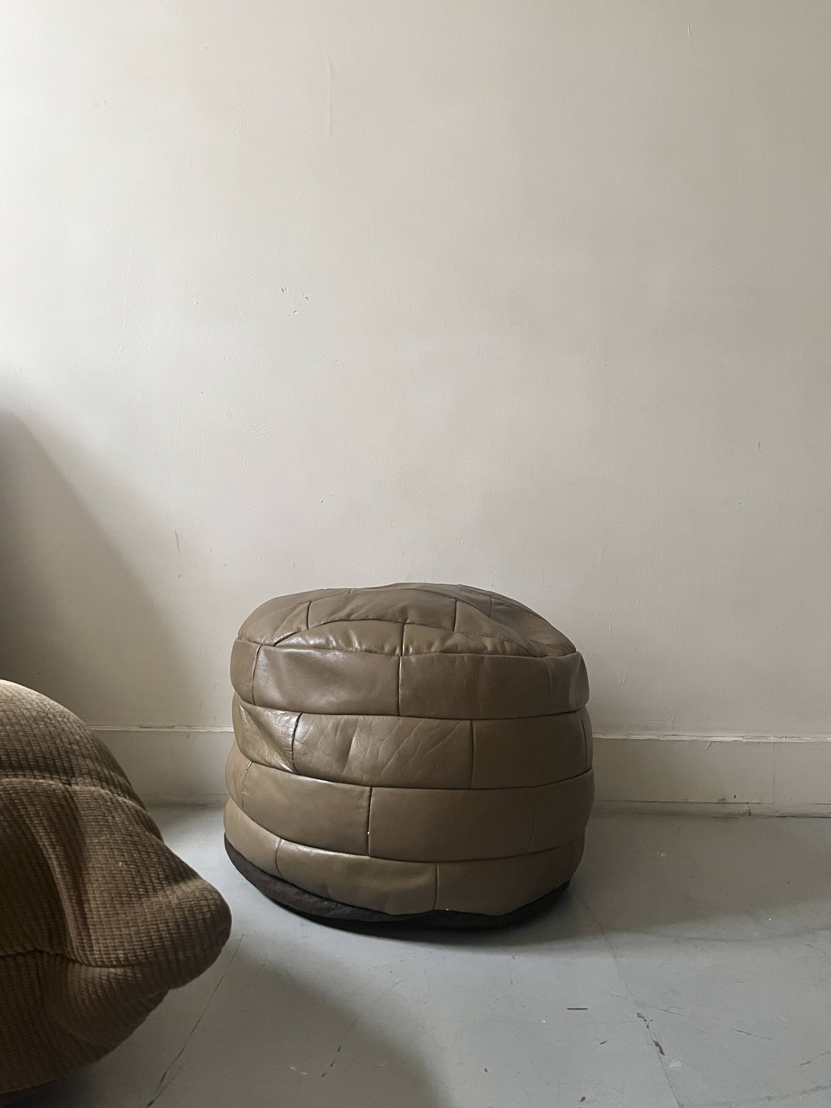 Beige genuine leather patchwork pouf, 1970s design