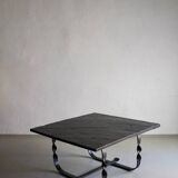 Table basse en métal forgé et pierre noire | Brutaliste | France | Années 1970