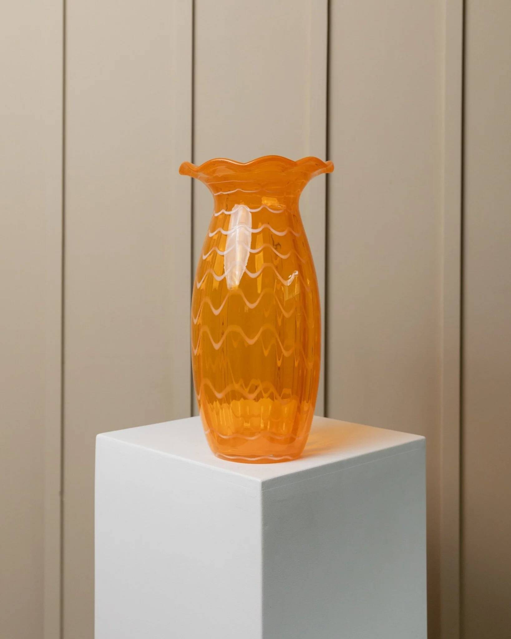 Orange Murano glass vase, XL 34cm, 1970s Italy, white stripes and wavy rim