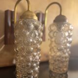 Set of 2 vintage wall lights, Danish teak, brass and bubble glass, Helena Tynell style, 1960s.
