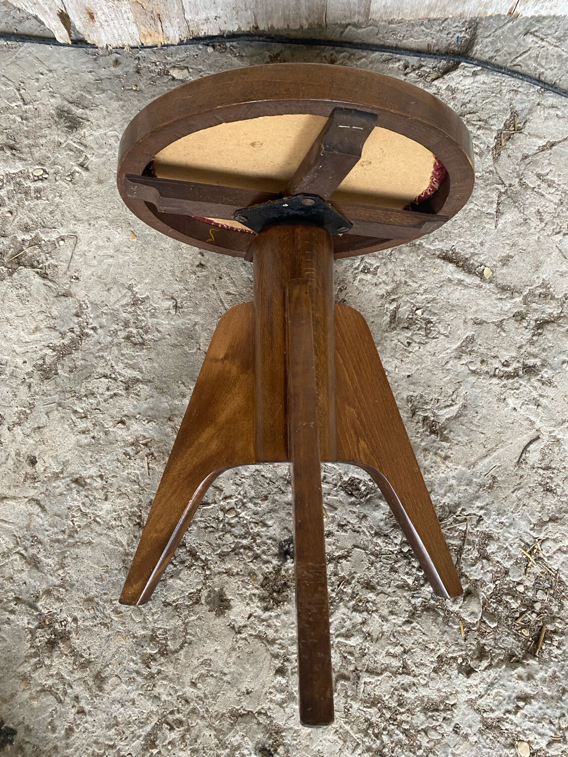 Vintage Red Leather Cushion Wooden Tripod Piano Stool