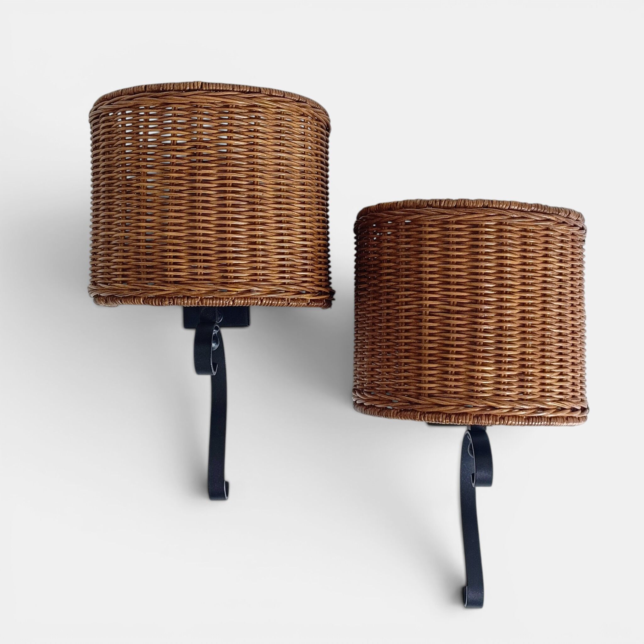 Spanish Mid-Century Wicker And Wrought Iron Wall Sconces, Three Available