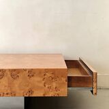 Coffee table with elm burl, integrated drawers, Mahey for Roche Bobois 1970.