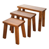 3 nesting tables in Brutalist style from the 70s in light oak.