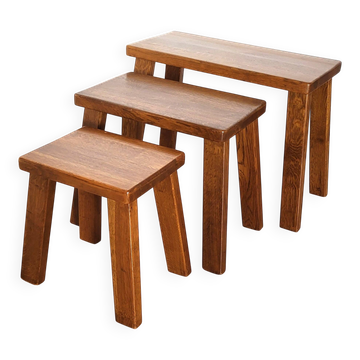 3 tables gigognes Brutaliste 70' en chêne blond