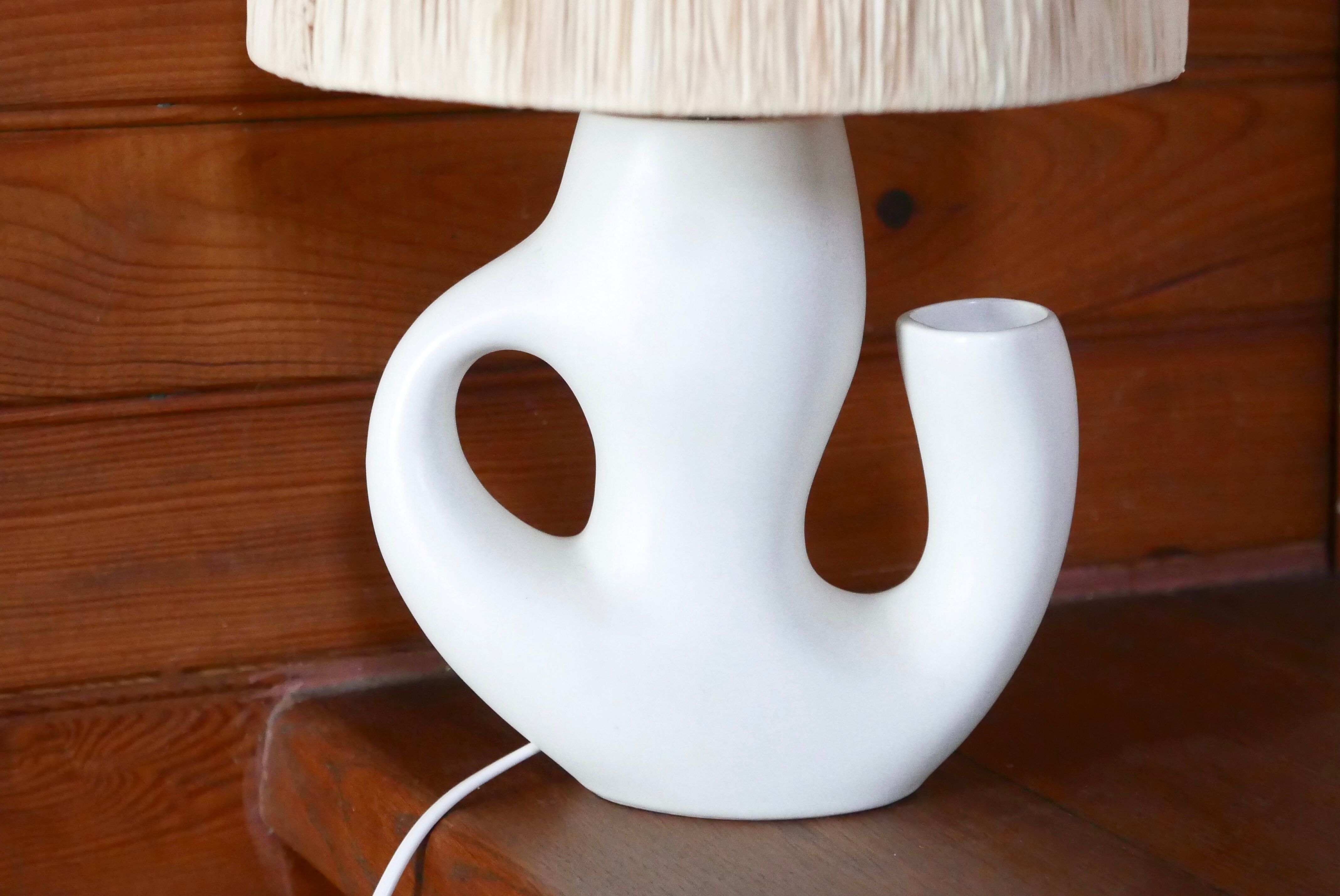 Revernay ceramic white lamp, raffia lampshade, 1950s
