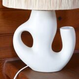 Revernay ceramic white lamp, raffia lampshade, 1950s