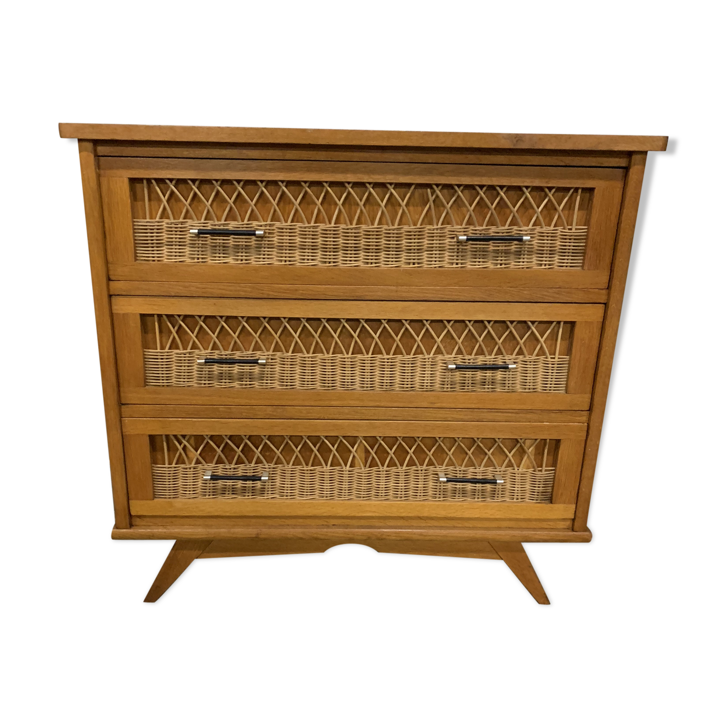 Chest of drawers vintage rattan and oak compass feet
