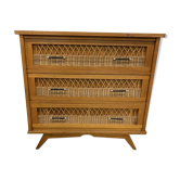 Commode vintage rotin et chêne pieds compas