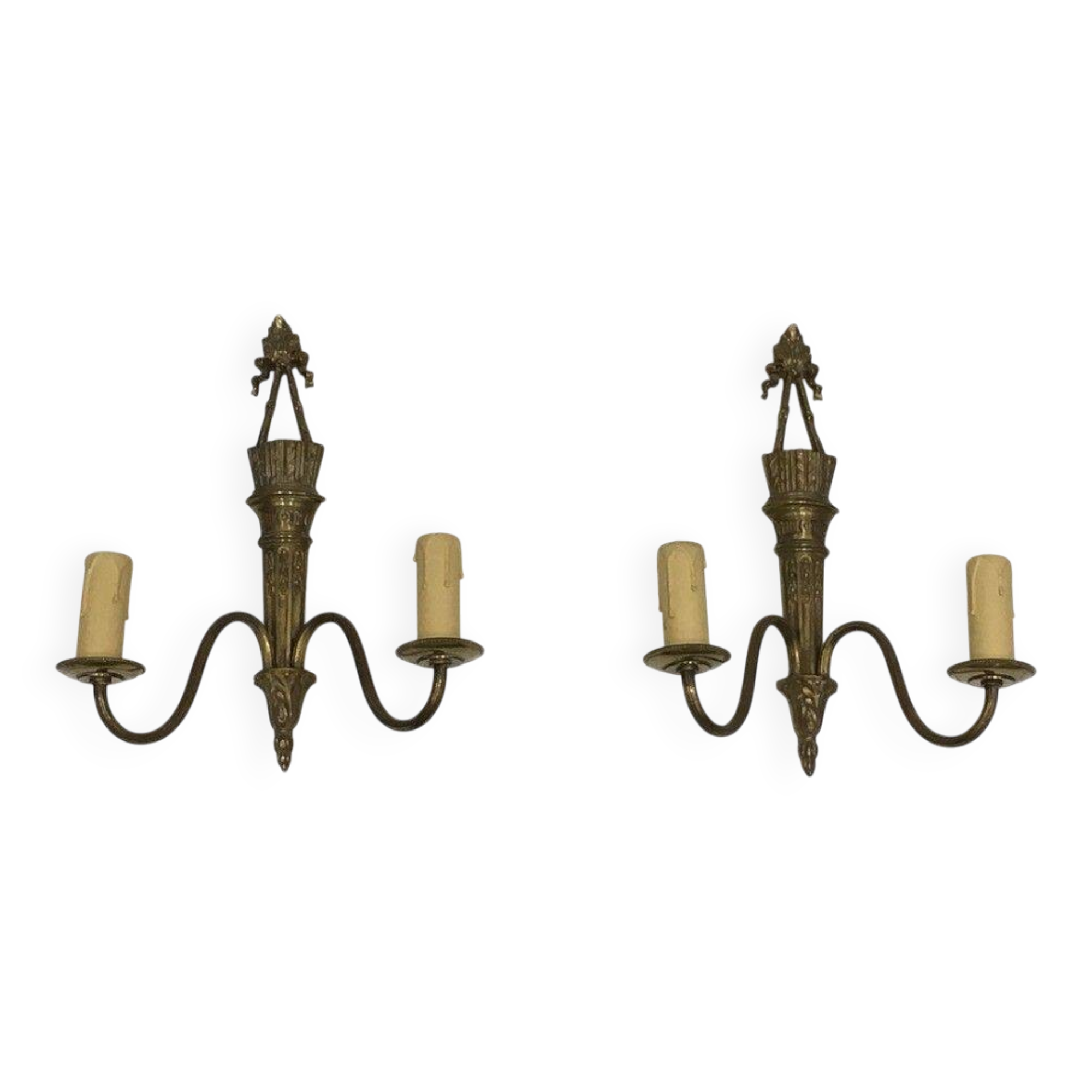 Pair of Louis XVI style bronze wall sconces with quivers and ribbons
