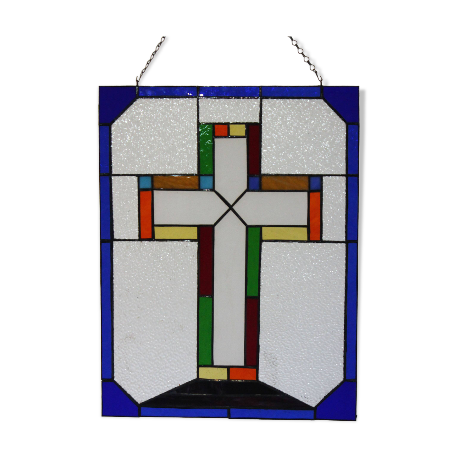 Vitrail décoratif Croix – Verre coloré fait main, 40 × 60 cm