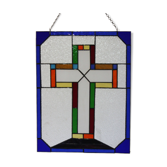 Vitrail décoratif Croix – Verre coloré fait main, 40 × 60 cm
