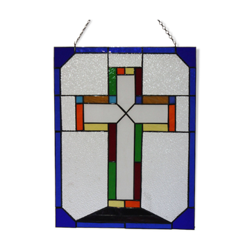 Vitrail décoratif Croix – Verre coloré fait main, 40 × 60 cm
