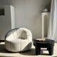 Large white circular armchair, white fabric upholstery