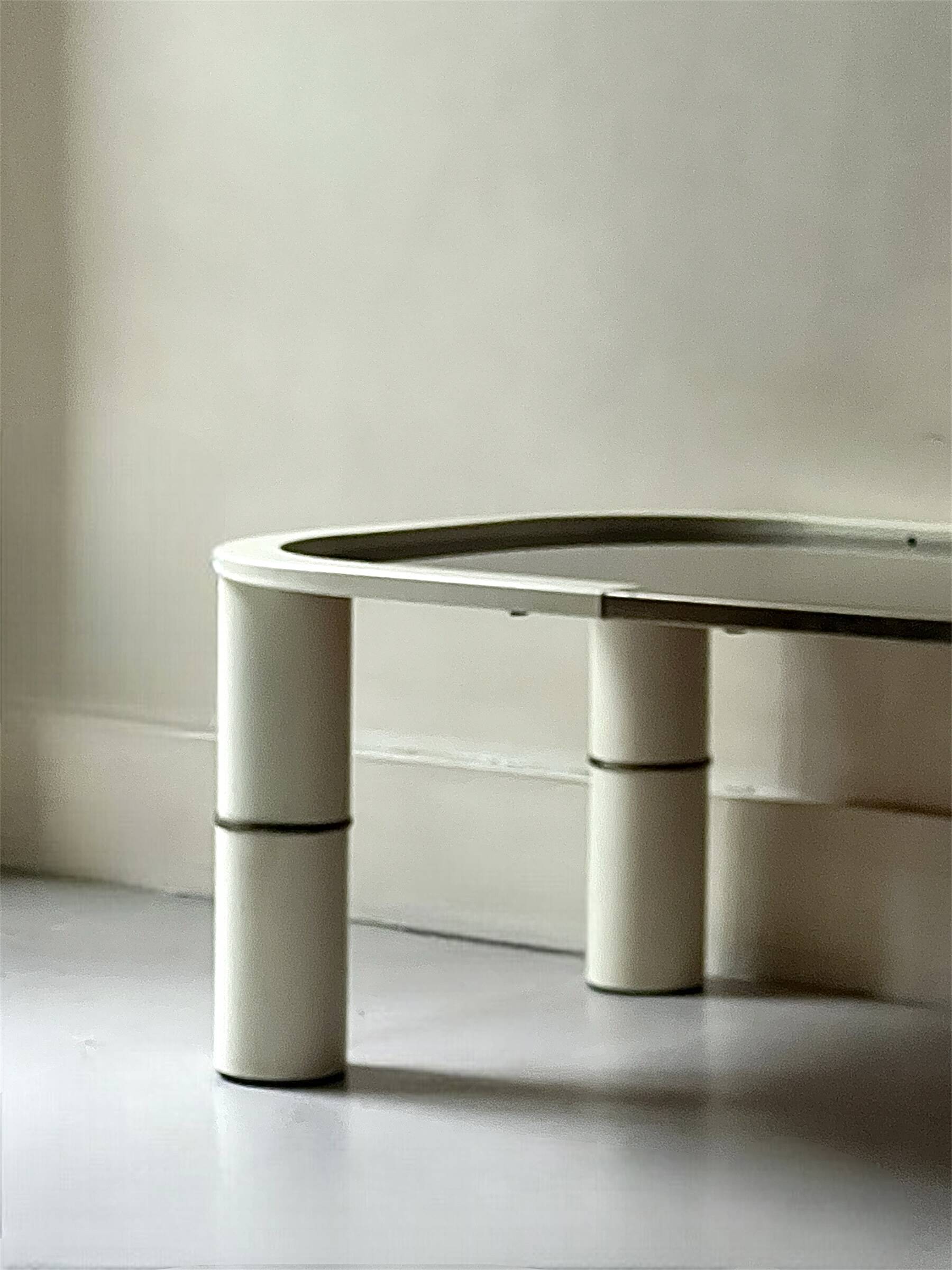 Rectangular coffee table with rounded edges, lacquered metal, brass & smoked mirror, 70s design.