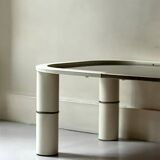 Rectangular coffee table with rounded edges, lacquered metal, brass & smoked mirror, 70s design.