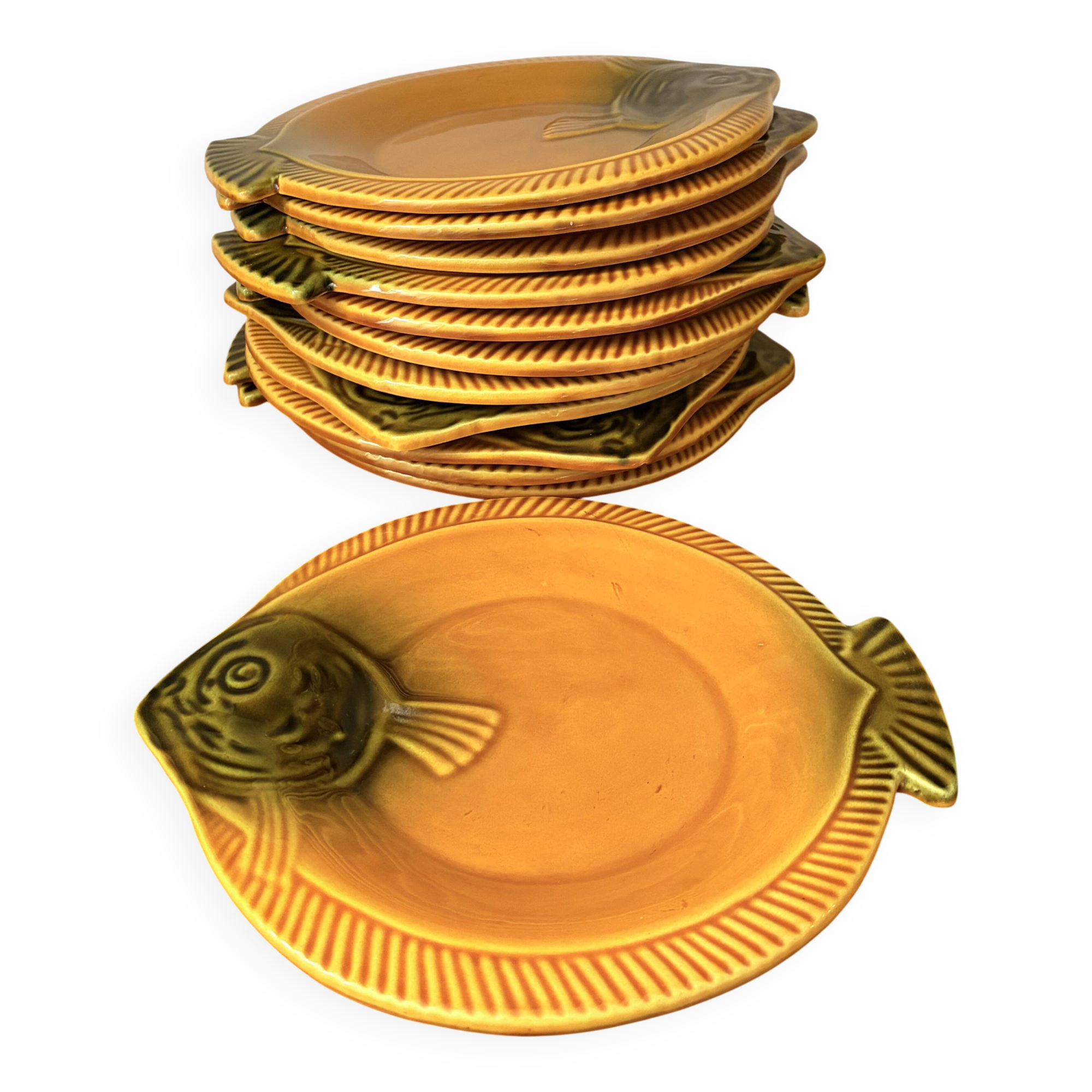 12 fish plates Vallauris in orange and green earthenware vintage 60s/70s