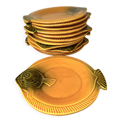 12 assiettes poisson Vallauris en faïence orange et vert vintage 60s/70s