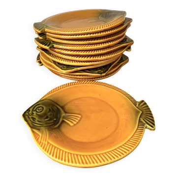 12 fish plates Vallauris in orange and green earthenware vintage 60s/70s
